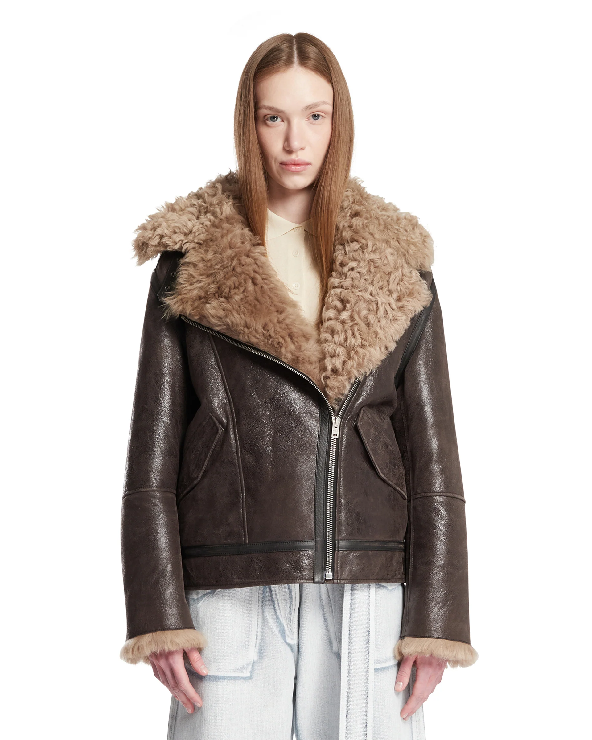 Shearling Jacket In Pelle Marrone