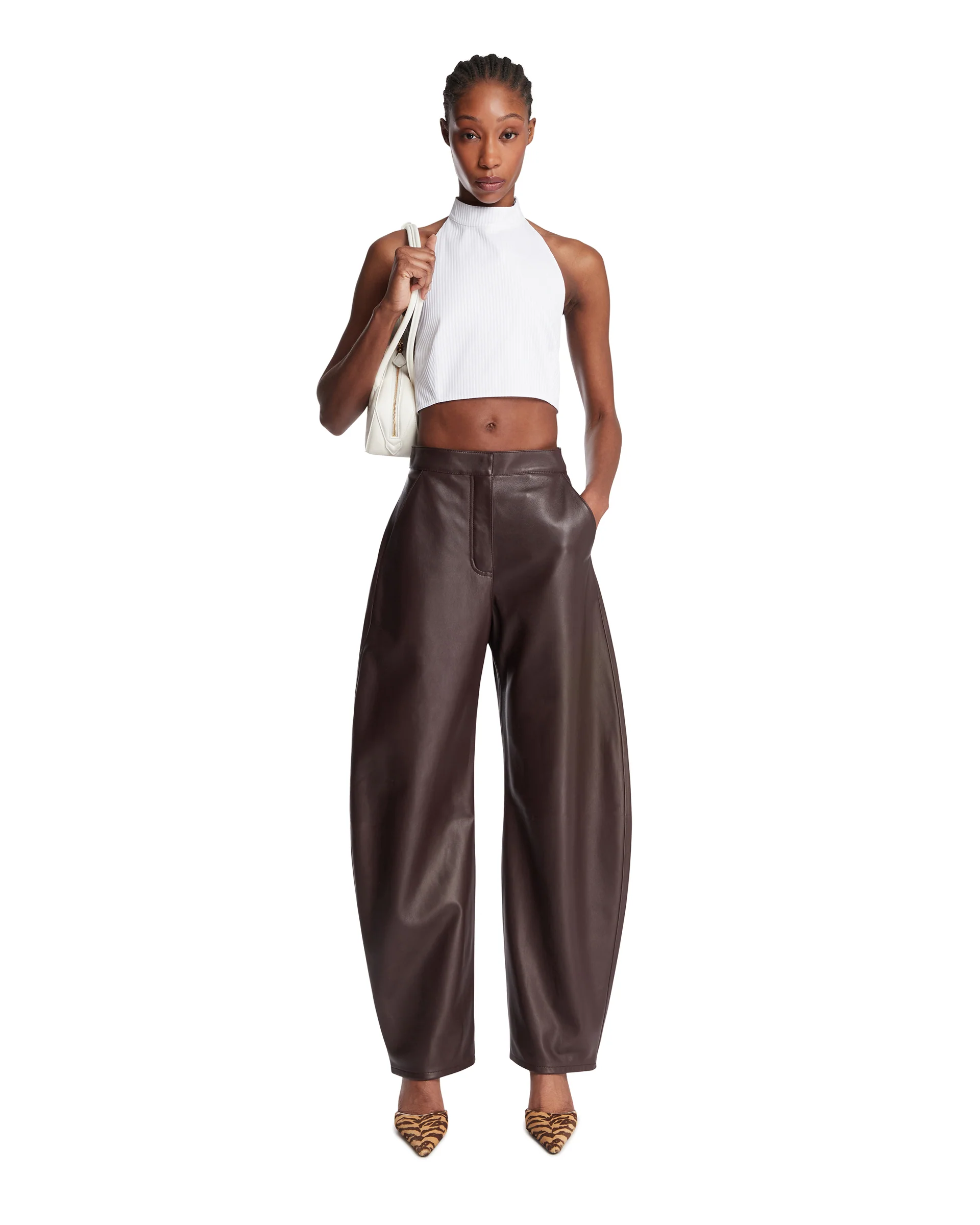 Pantaloni Arrotondati In Pelle Marroni - Image 3