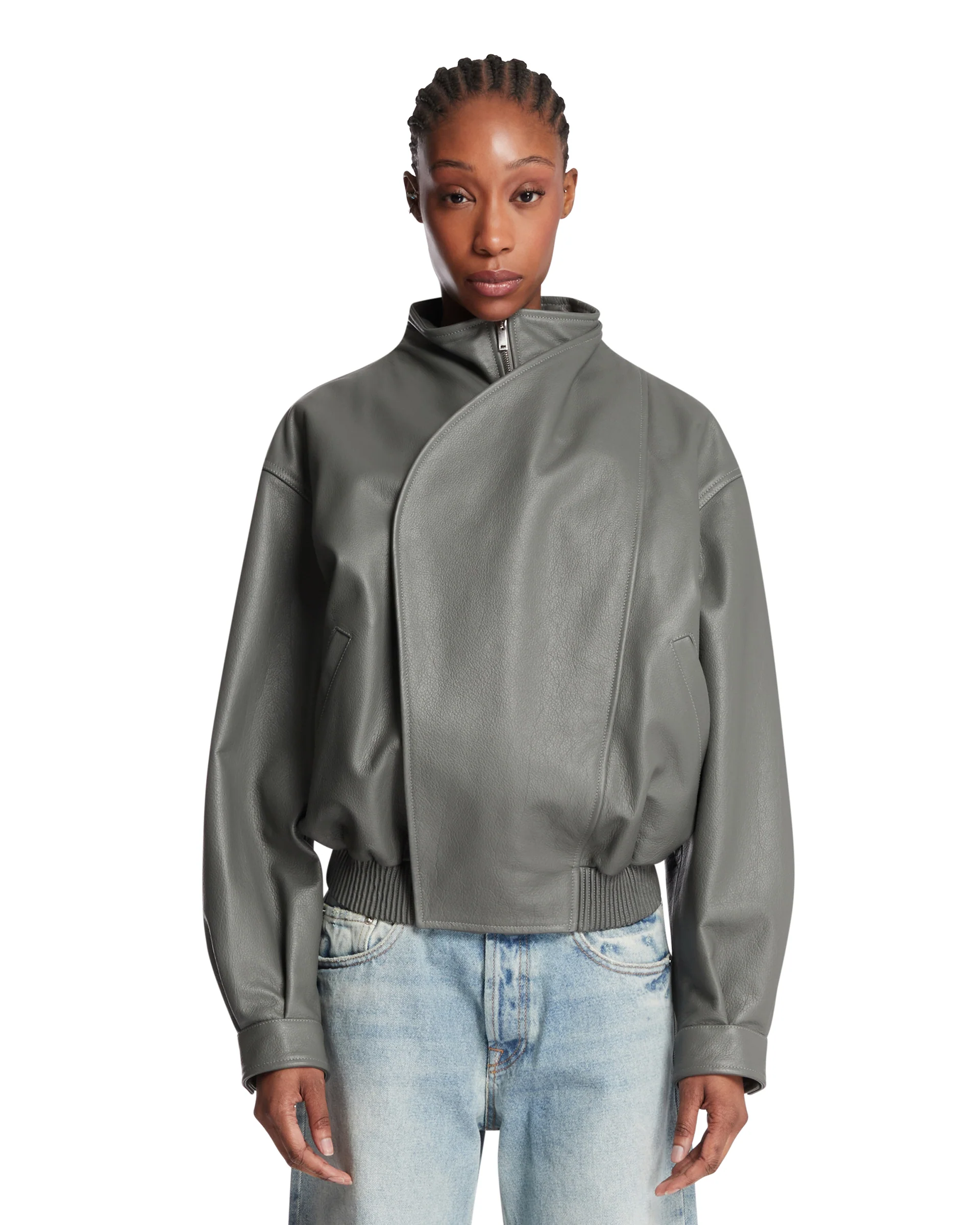 Giacca Bomber In Pelle Grigia