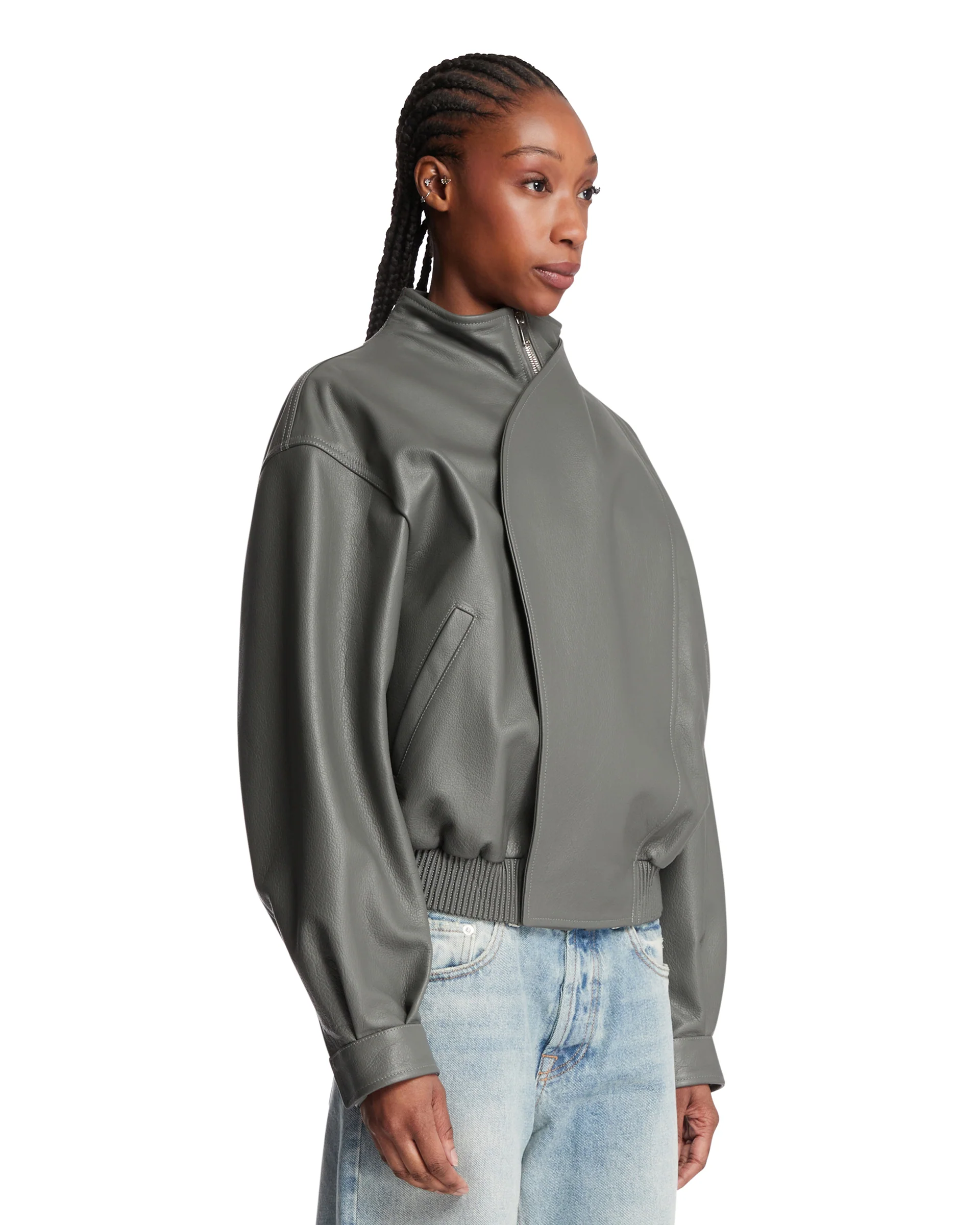 Giacca Bomber In Pelle Grigia - Image 2