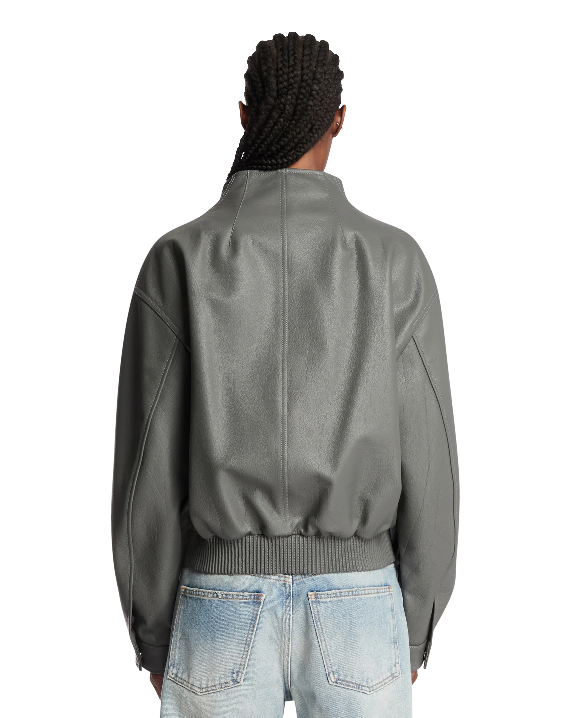 Giacca Bomber In Pelle Grigia - Image 5