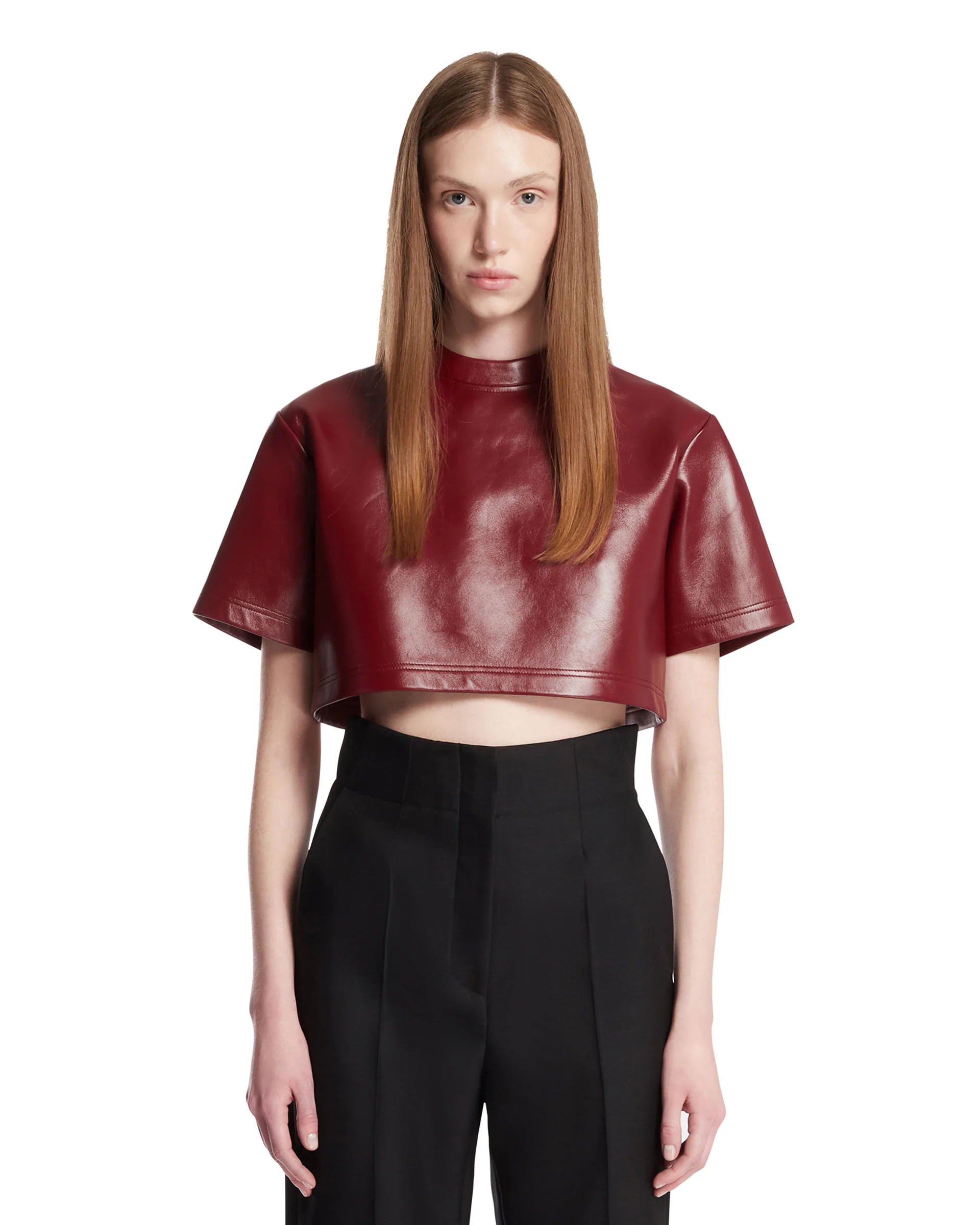 T-Shirt Cropped In Pelle Burgundy