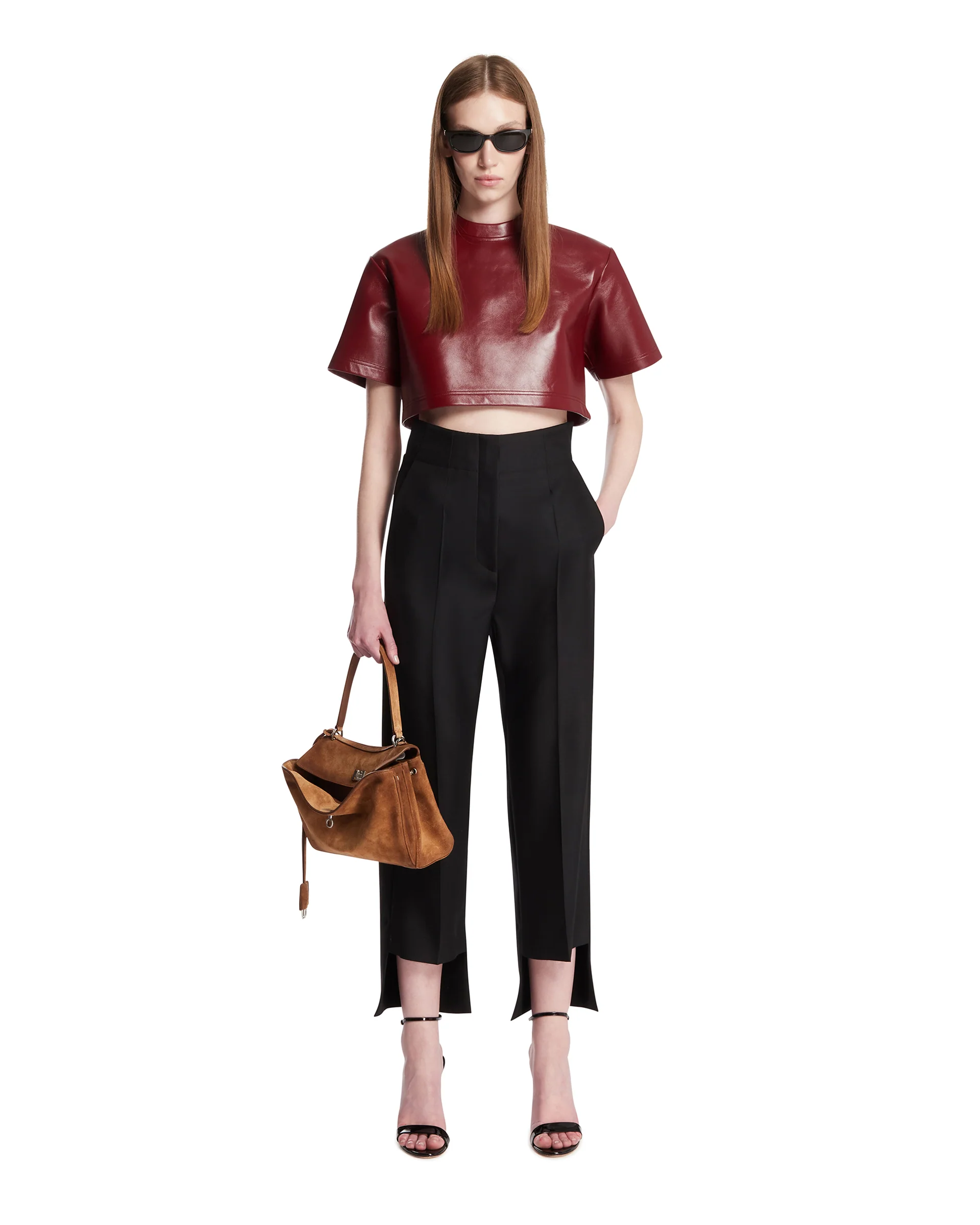 T-Shirt Cropped In Pelle Burgundy - Image 3