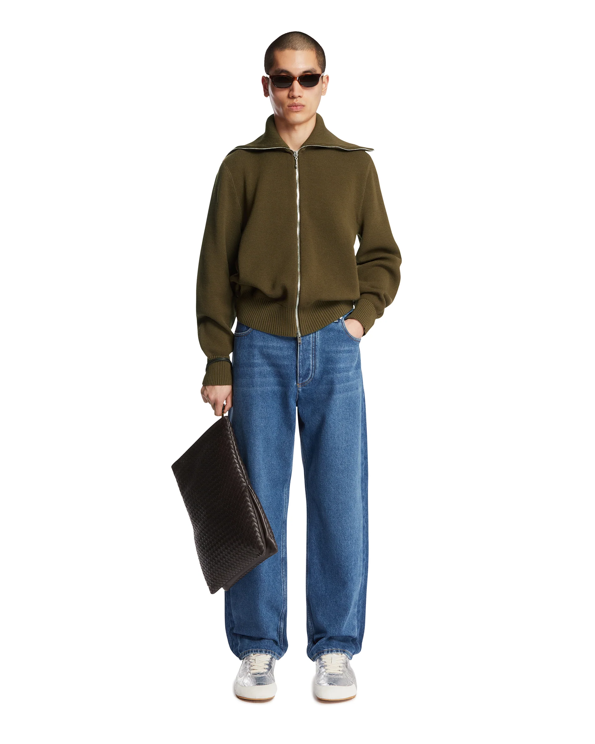 Cardigan Con Zip In Lana E Cotone Verde - Image 3