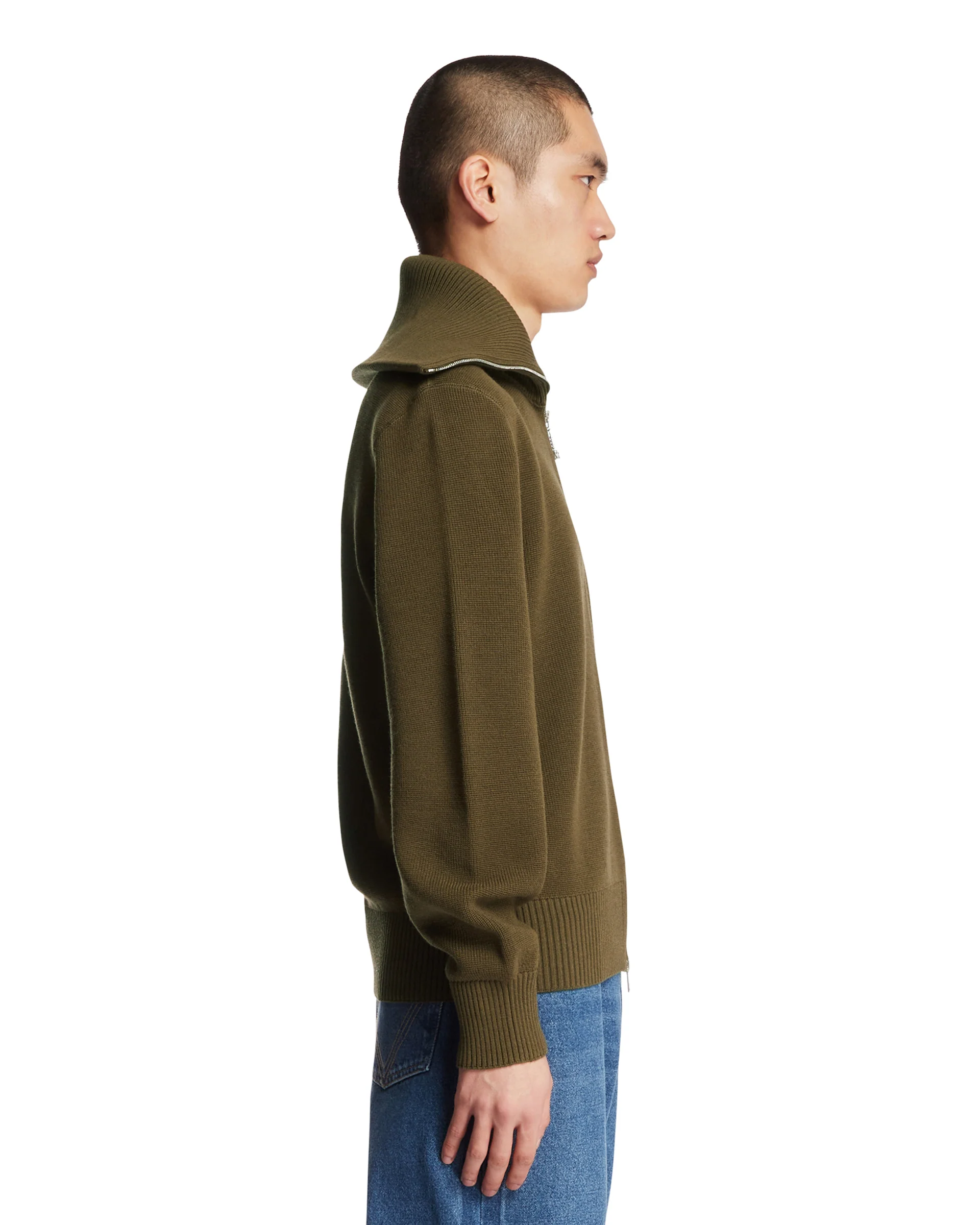Cardigan Con Zip In Lana E Cotone Verde - Image 4