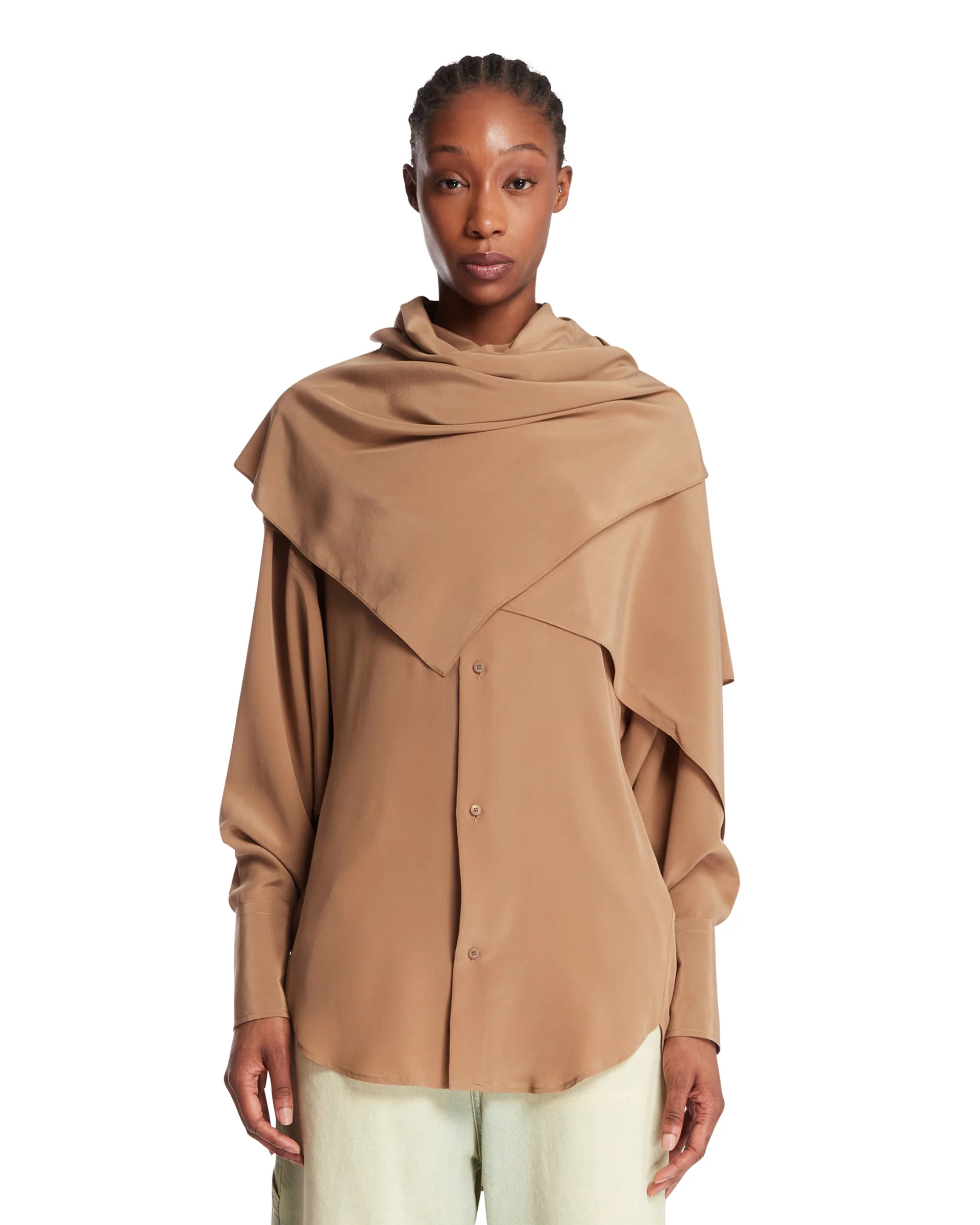Camicia In Seta Con Sciarpa Beige