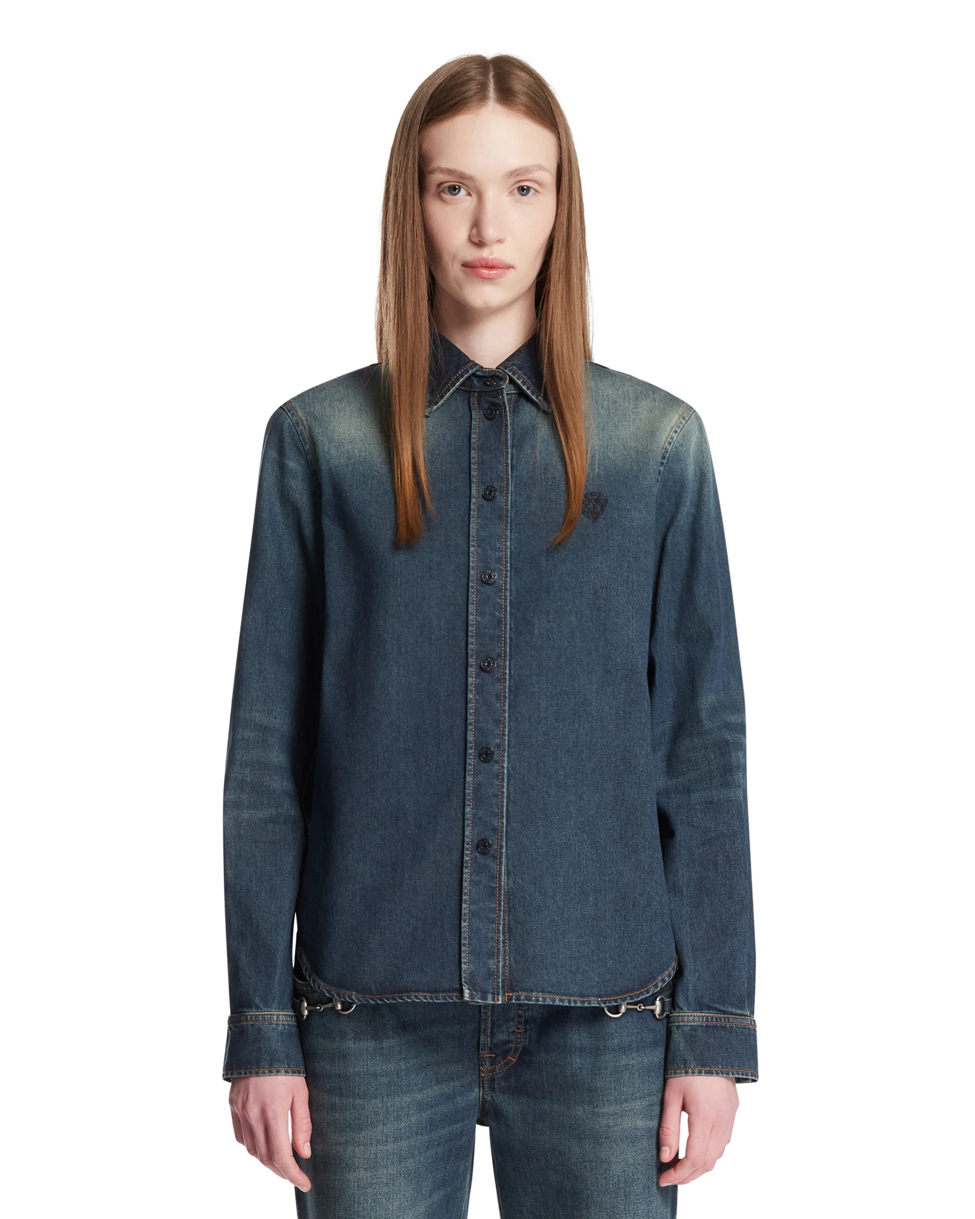 Camicia In Denim Con Ricamo Blu