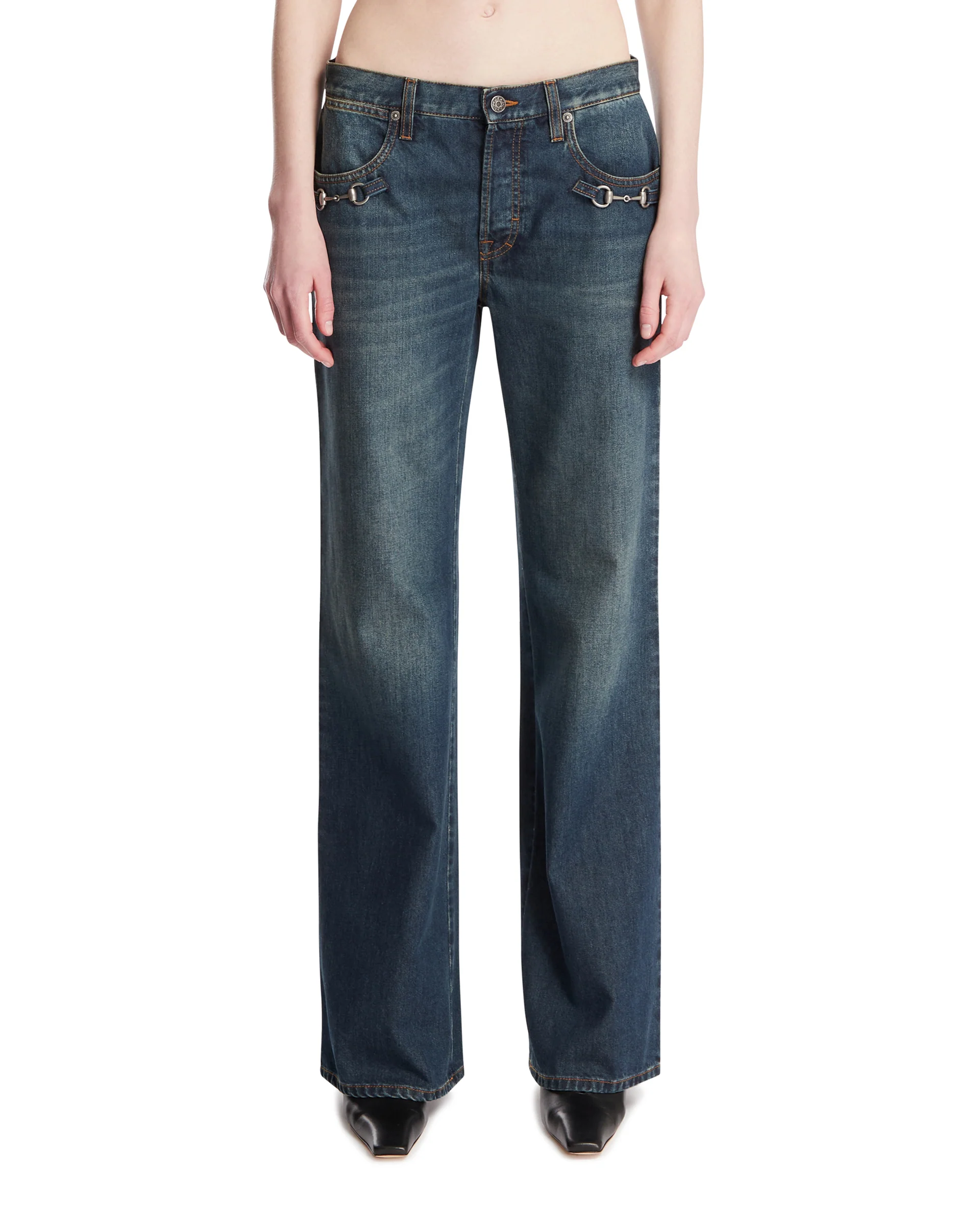 Pantaloni In Denim Con Horsebit Blu