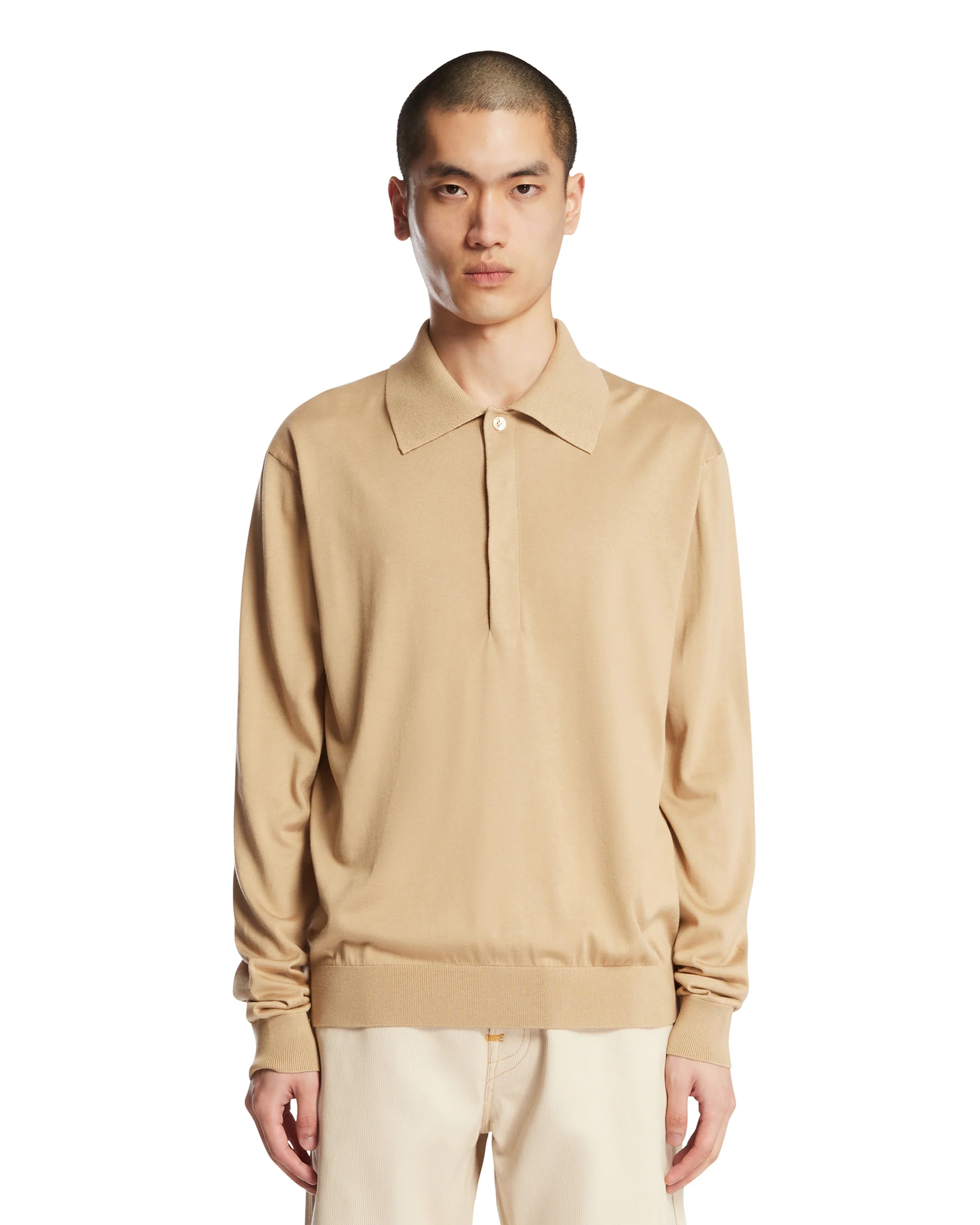 Polo In Maglia di Cotone E Seta Beige