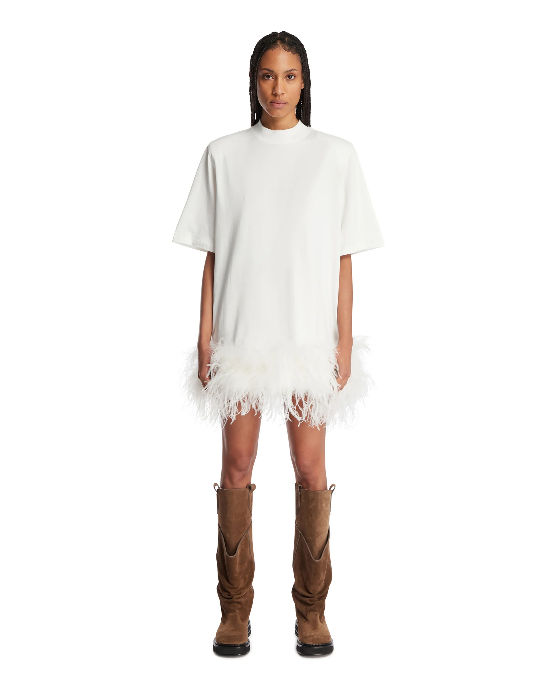 Abito T-Shirt Con Piume Bianco